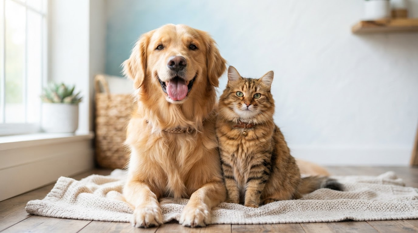 A happy dog and cat together