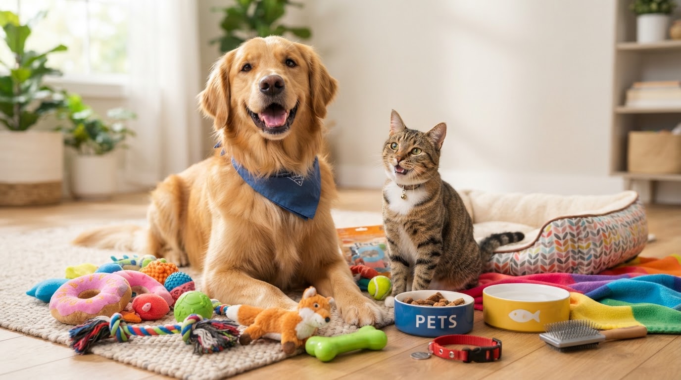 Pets surrounded by colorful accessories