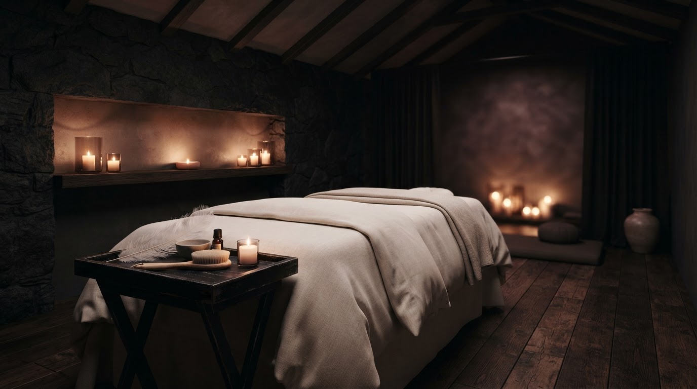 A private sensory wellness studio at night, softly lit with warm mauve light, an ivory-draped treatment table and a feather resting nearby