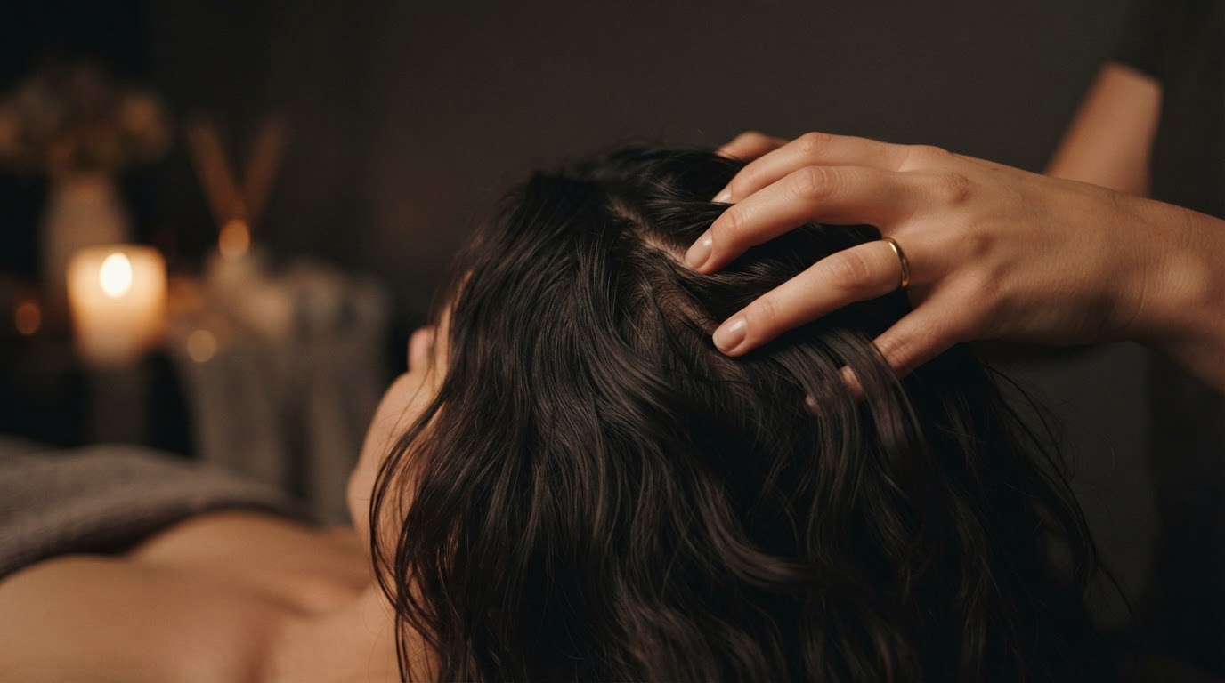 Gentle scalp relaxation with fingertips softly touching hair in warm low light — Restore Signature experience