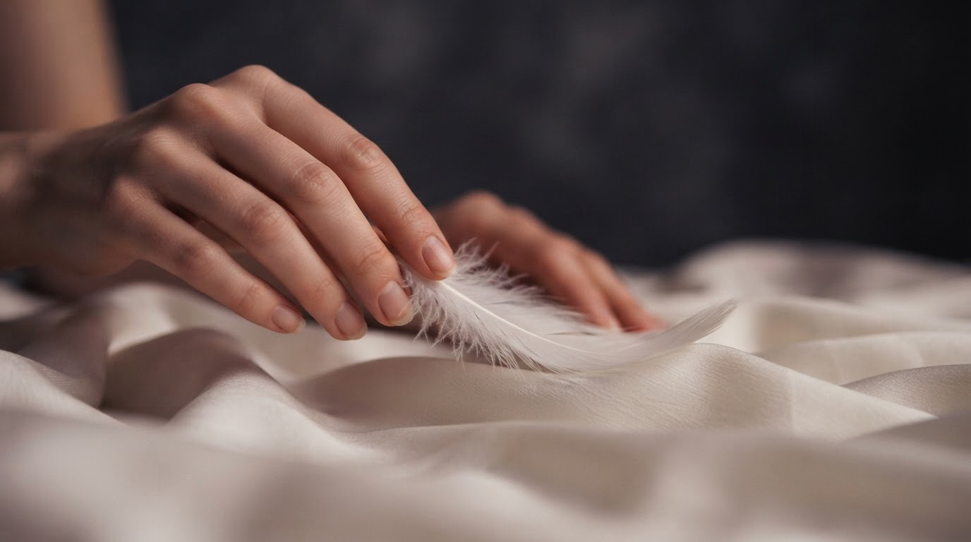 Soft feather tracing over draped ivory silk in warm low light — Restore Sensory experience