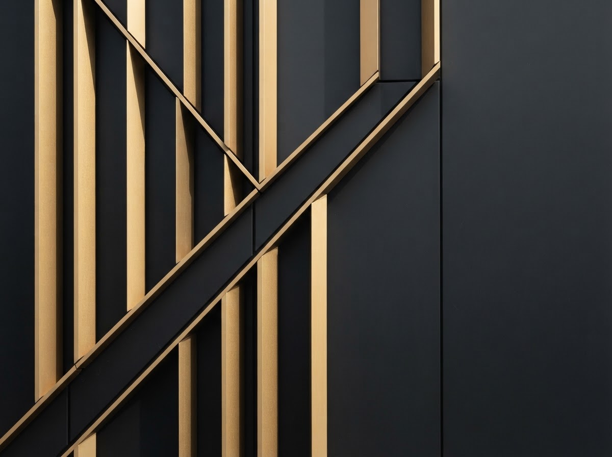 An abstract architectural composition in charcoal and gold
