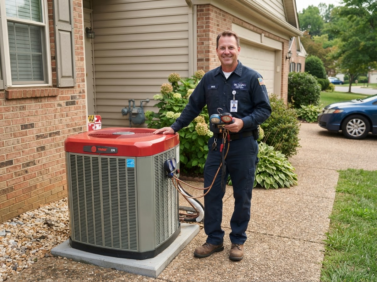 Fowler Mechanical Engineering technician servicing a home HVAC system in Bowie, MD