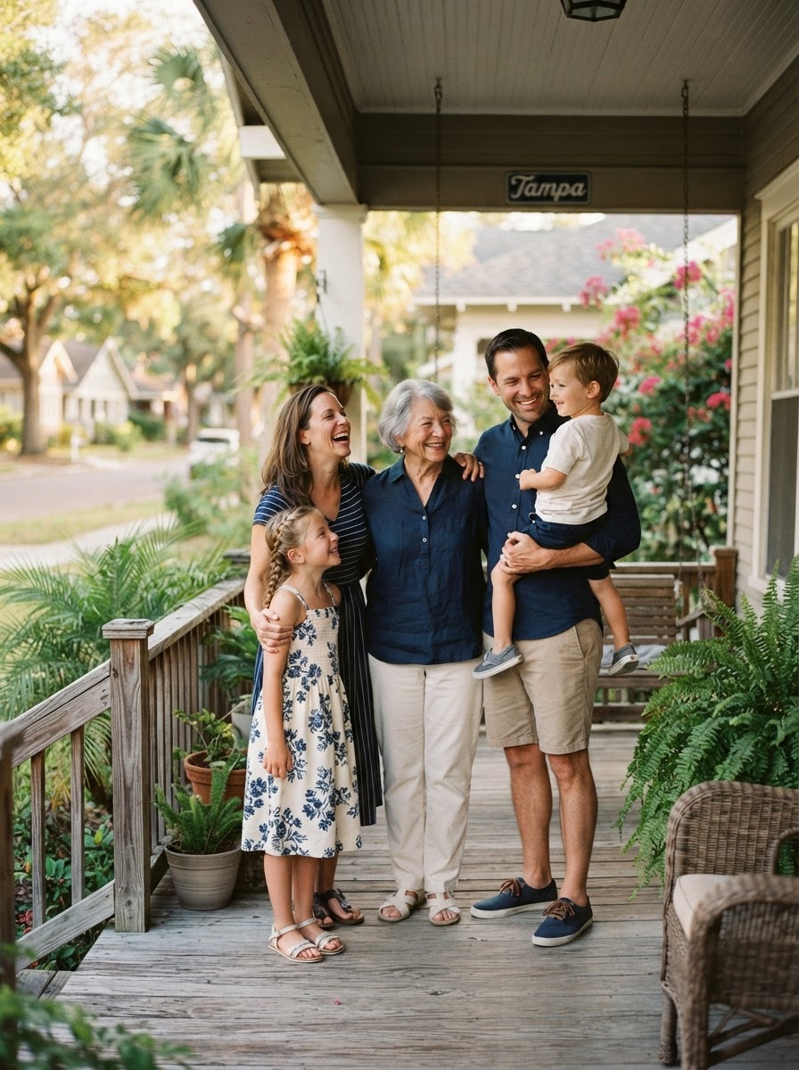 A family together on a neighborhood porch