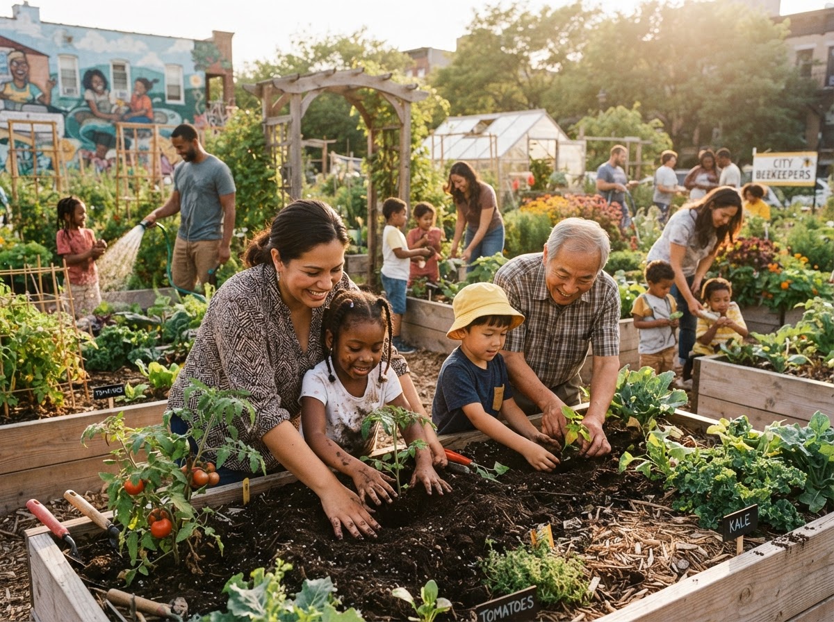 Neighbors gardening together in a community garden