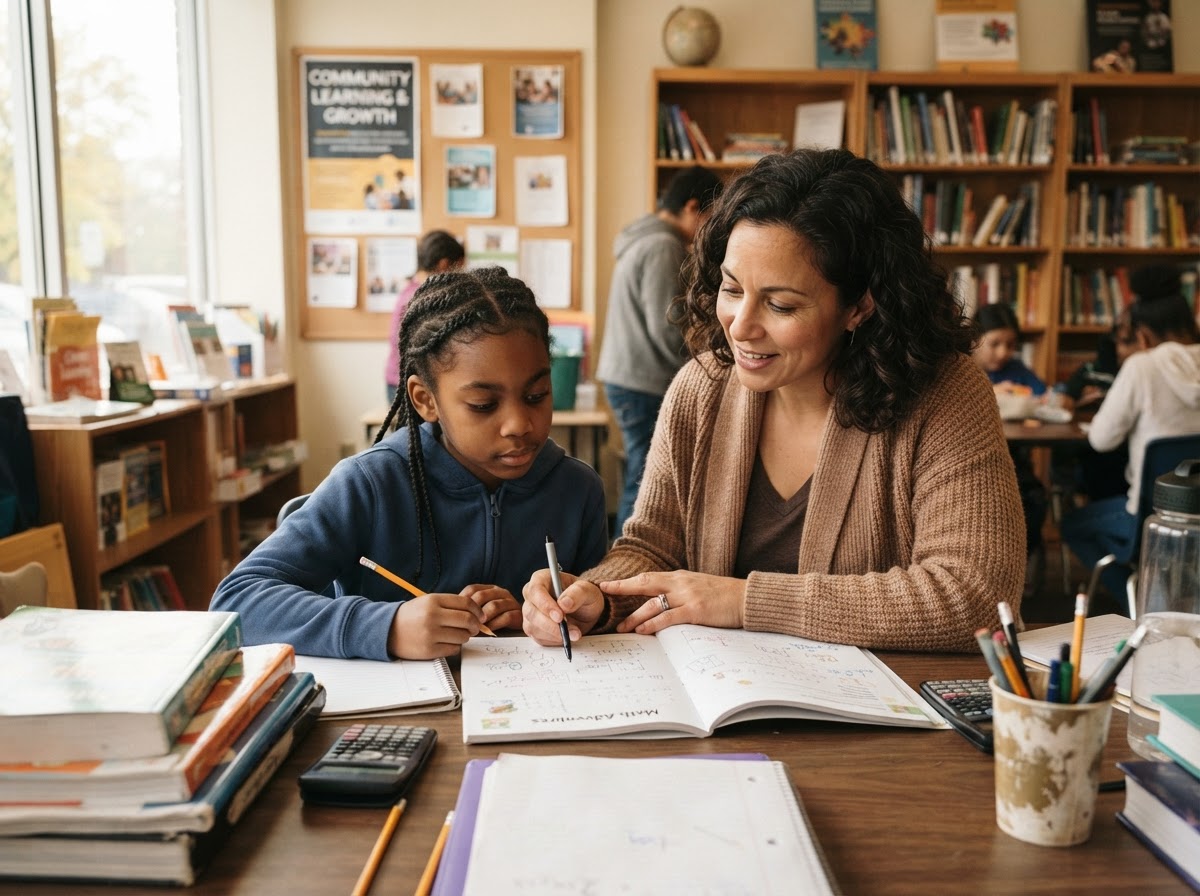 A caring mentor tutoring a young student at a community center