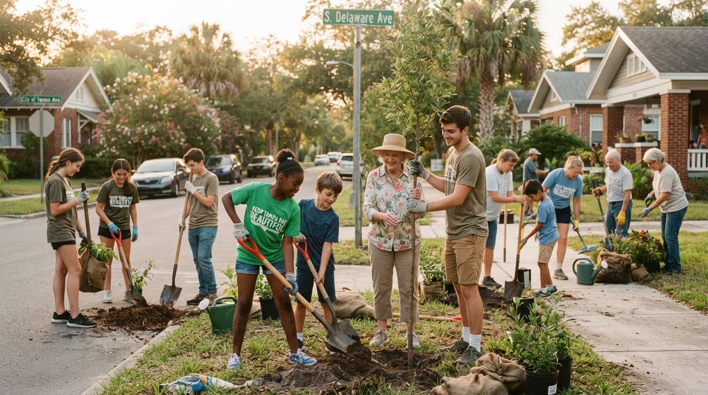 Volunteers planting trees and beautifying a street