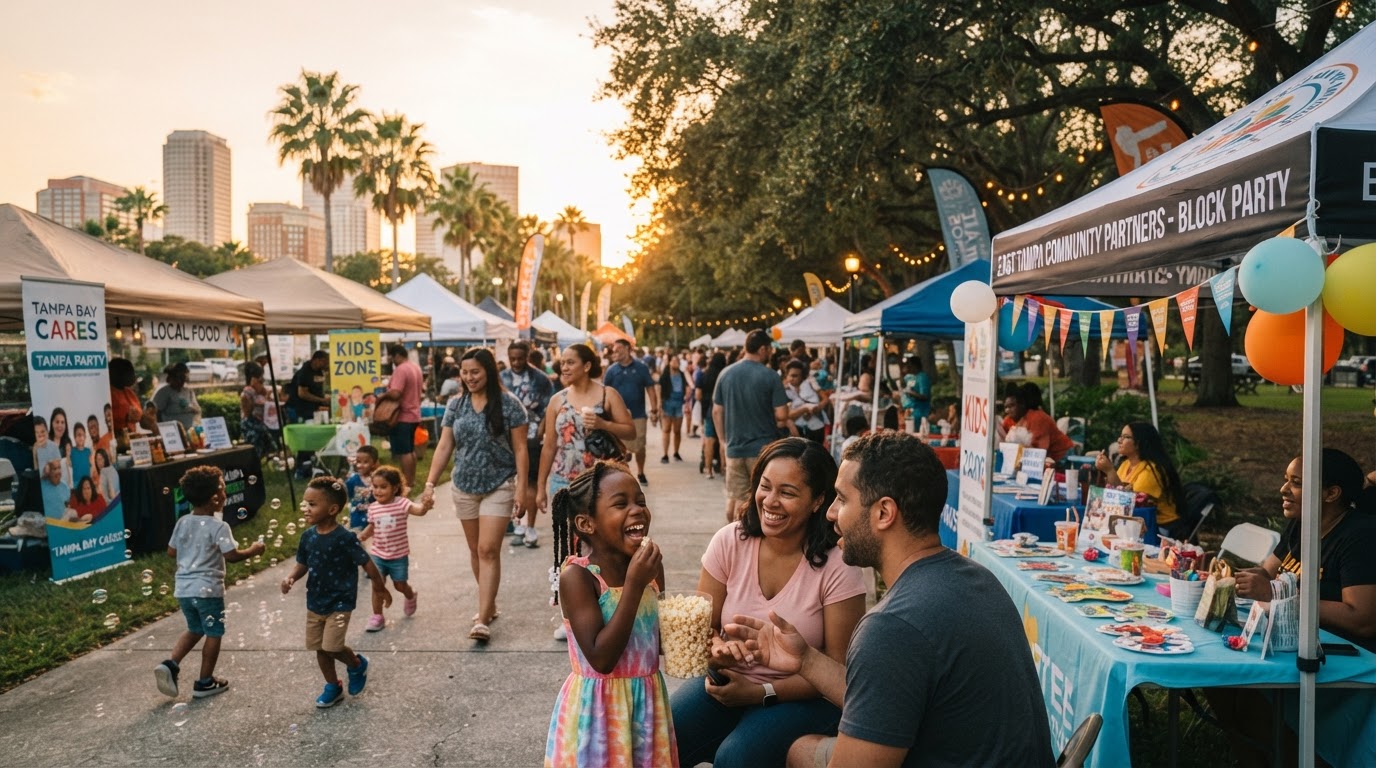 A community gathering with neighbors and families outdoors