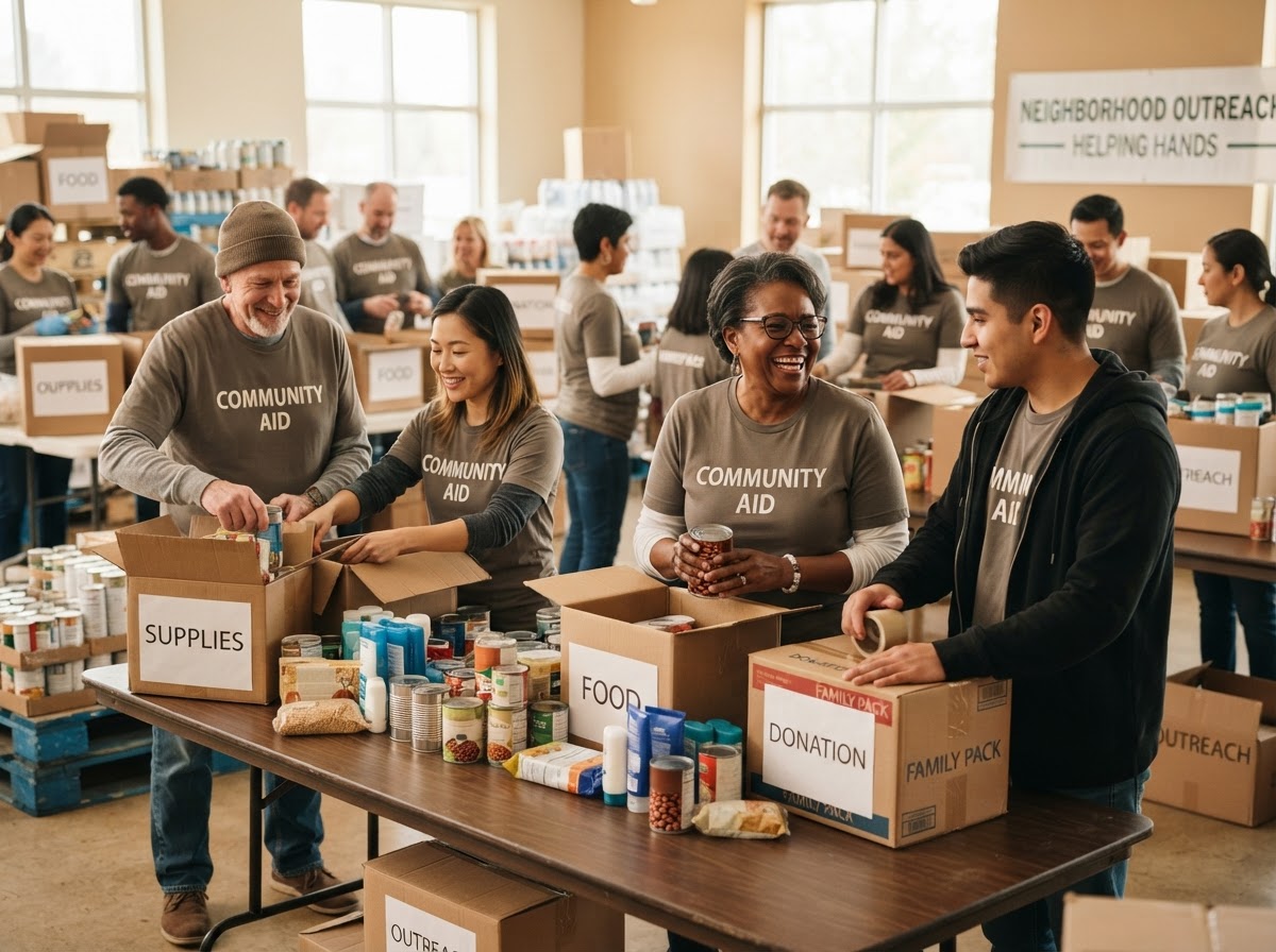 Volunteers packing donated supplies for neighborhood outreach