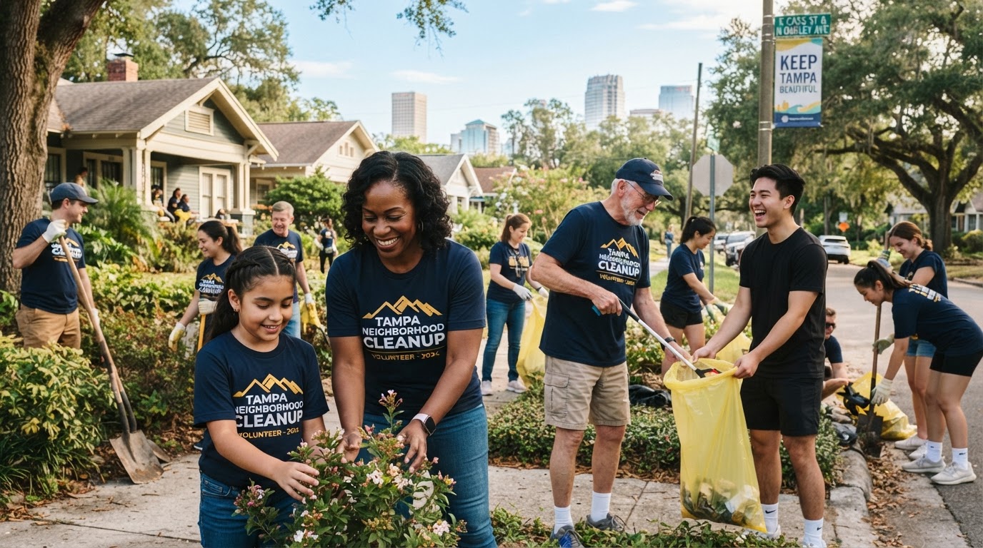 Community volunteers working together in a Tampa neighborhood cleanup