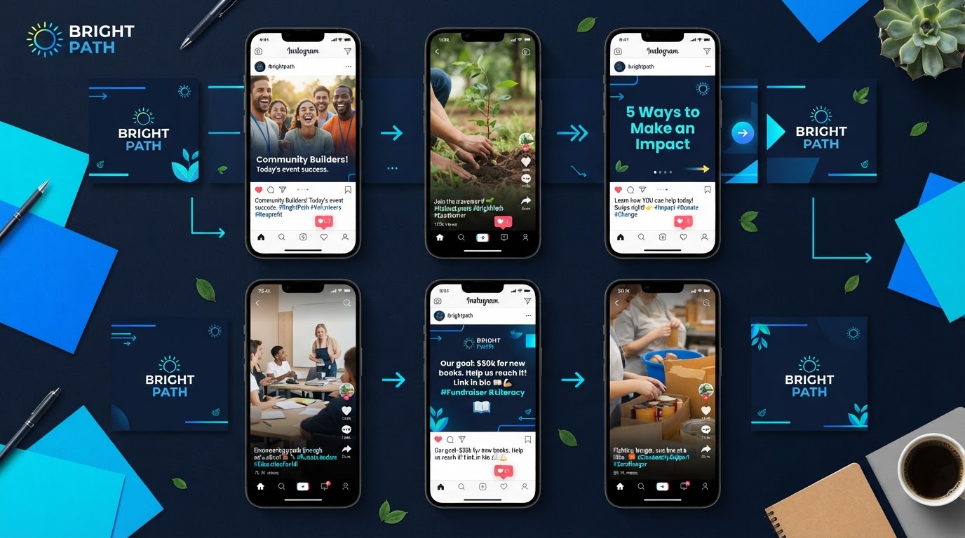 Sample social media campaign content grid for a nonprofit shown on phone mockups with a dark navy and cyan theme