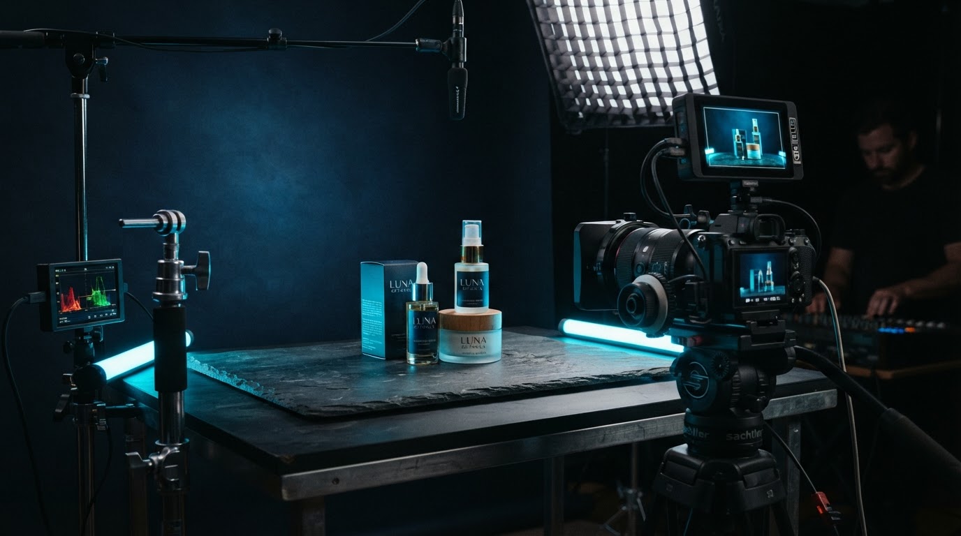 Sample product video production for a boutique with cosmetic products on a dark slate surface and cyan rim lighting