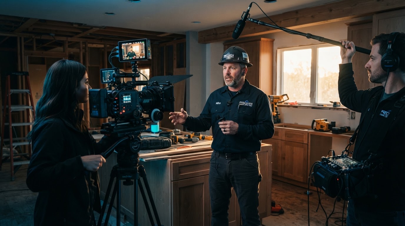 Sample promotional video production for a home services contractor being filmed on location with a dark navy color grade