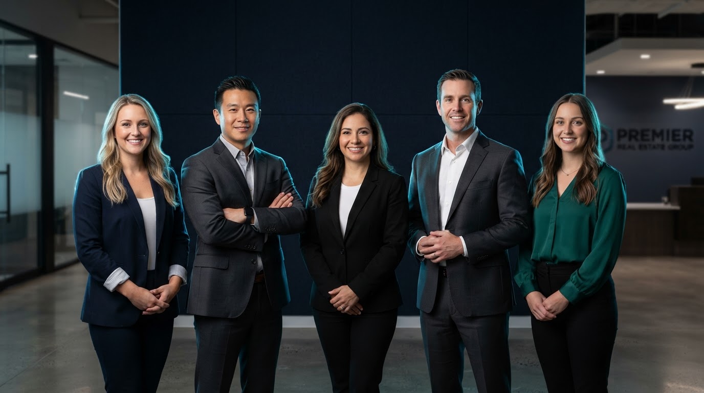 Sample professional real estate team headshots with confident business professionals in a modern office with a dark navy background
