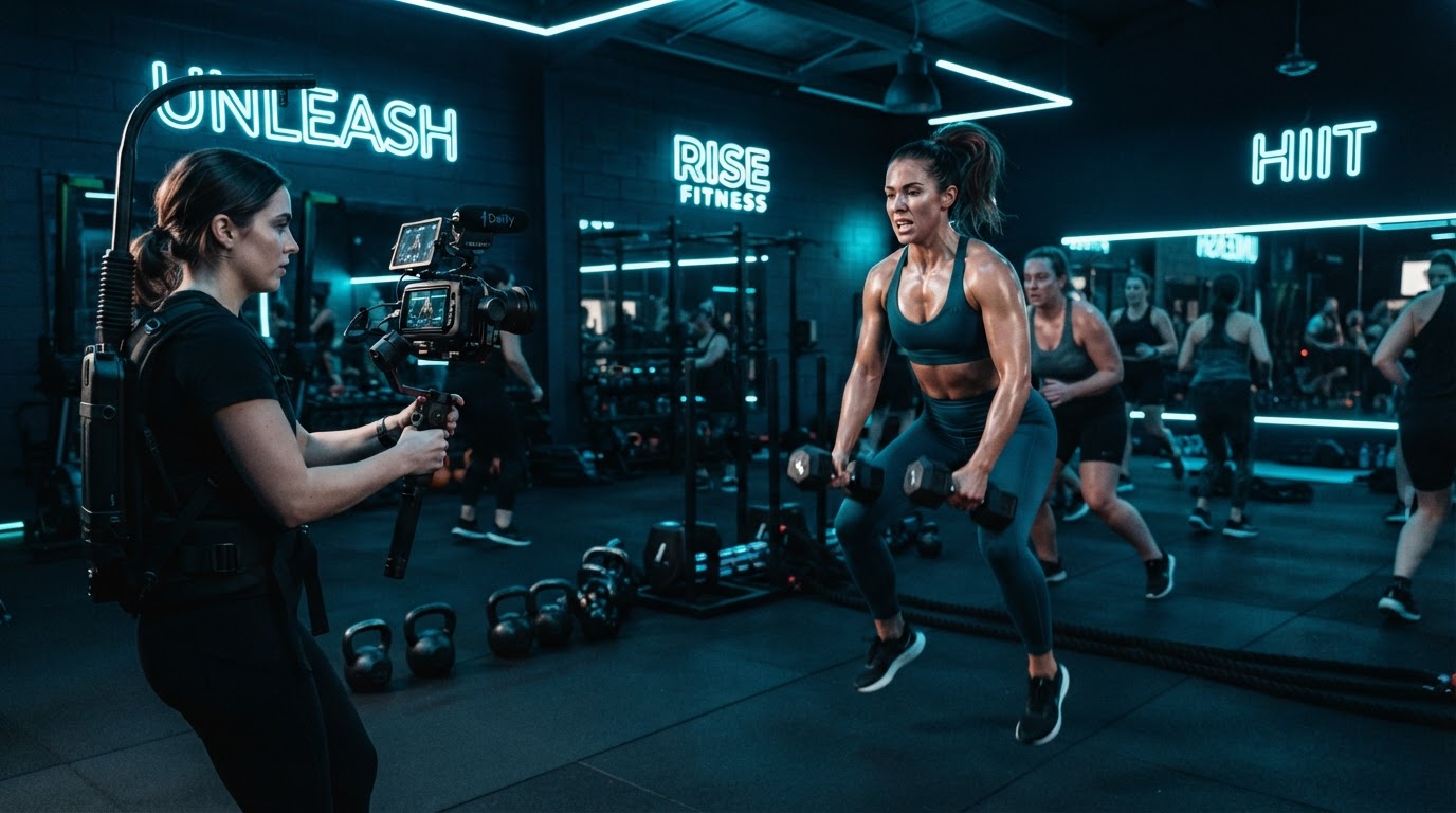 Sample short-form fitness video production for a studio launch with energetic workout scene filmed vertically