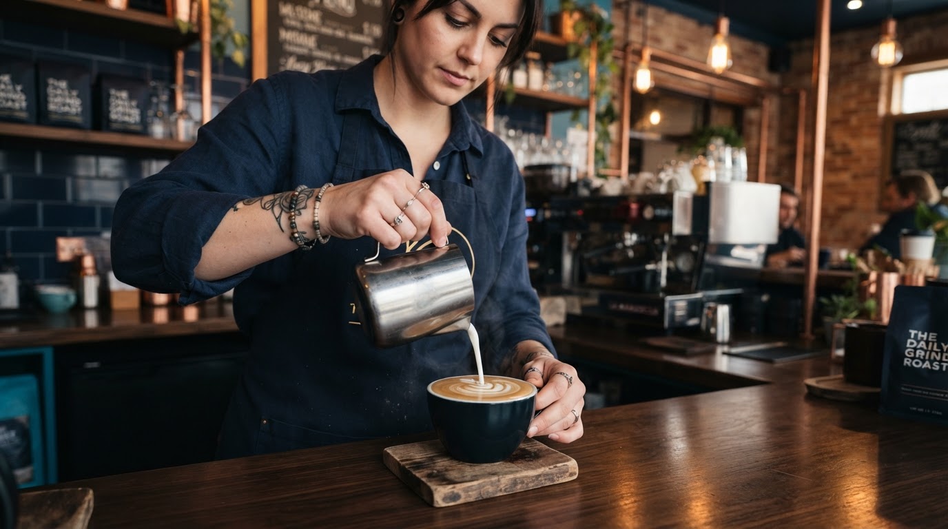 Sample business branding photography for a downtown cafe showing a barista preparing coffee with warm interior tones