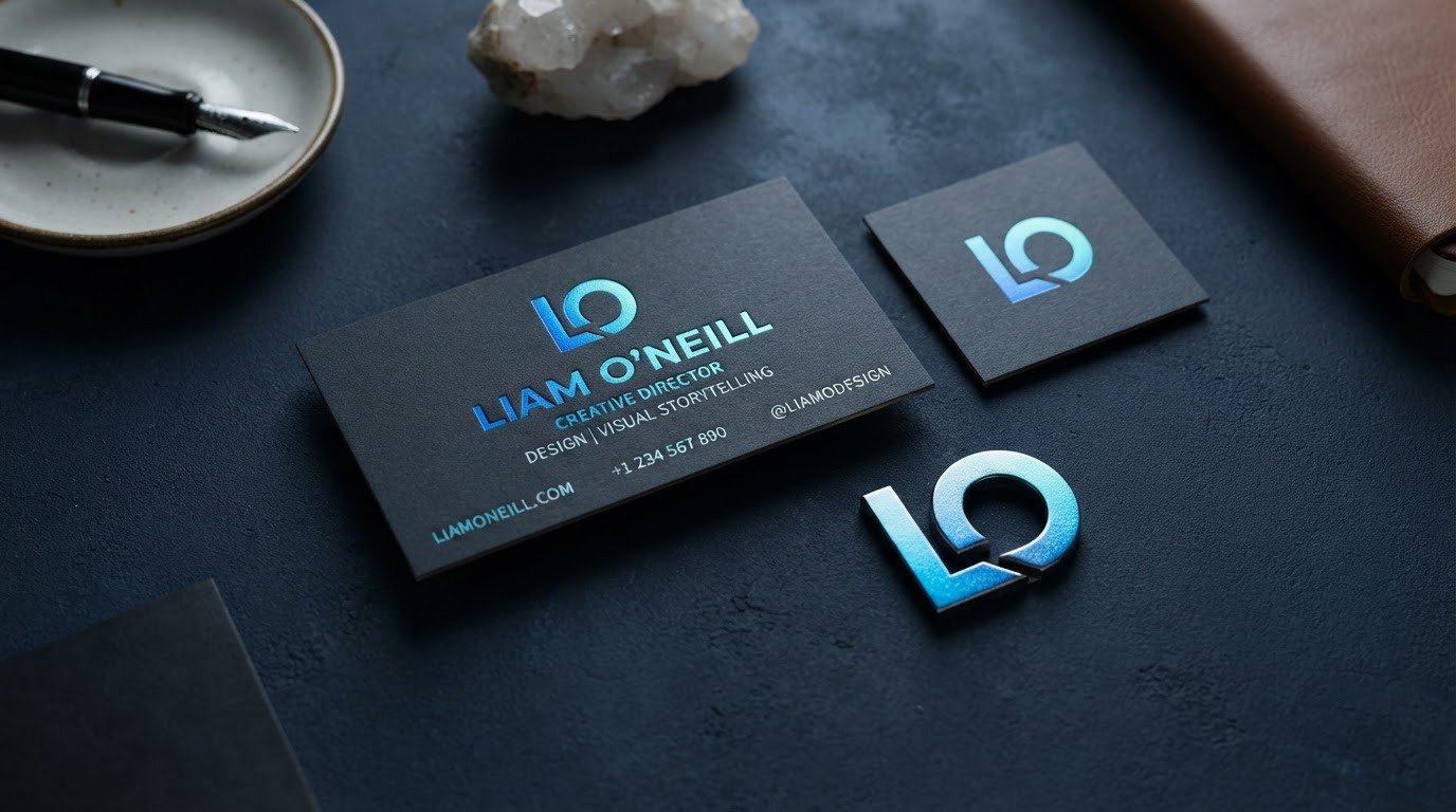Sample personal brand identity design for a creator with logo and brand mark mockups on dark slate cards with cyan accents