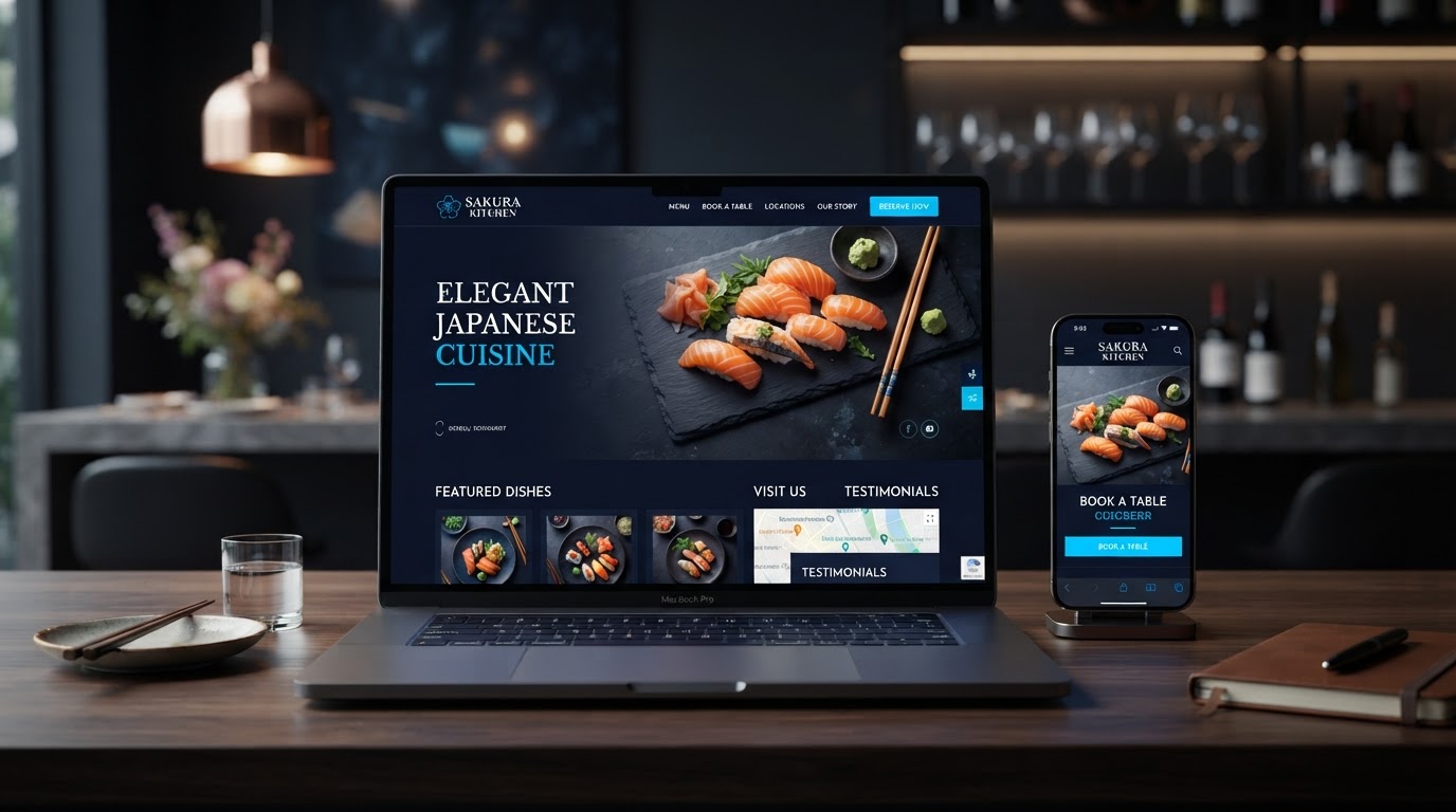 Sample restaurant website design displayed on a laptop and phone with a dark navy theme and electric blue accents