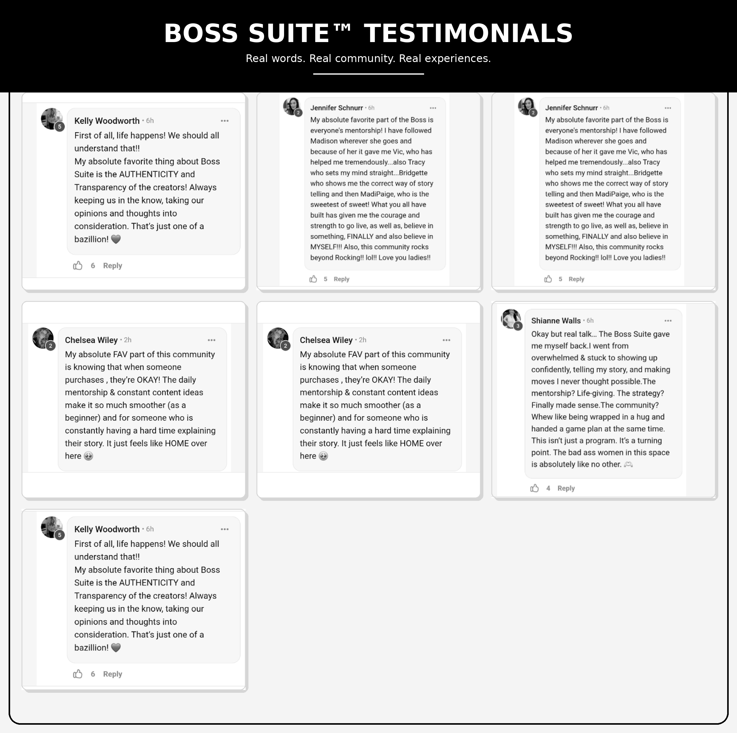 Boss Suite Community Testimonials - Real words, real community, real experiences from members