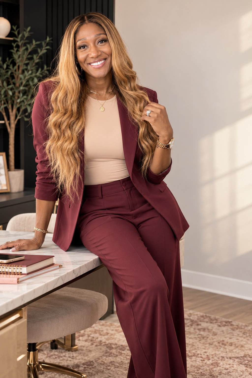 Charity Hairston in her signature burgundy power suit