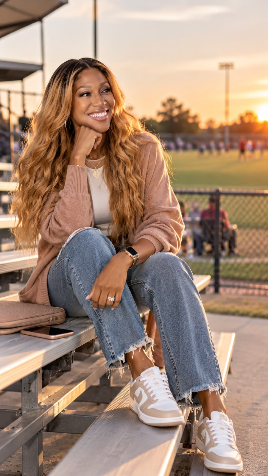 Charity Hairston enjoying golden hour bleachers, experiencing time freedom