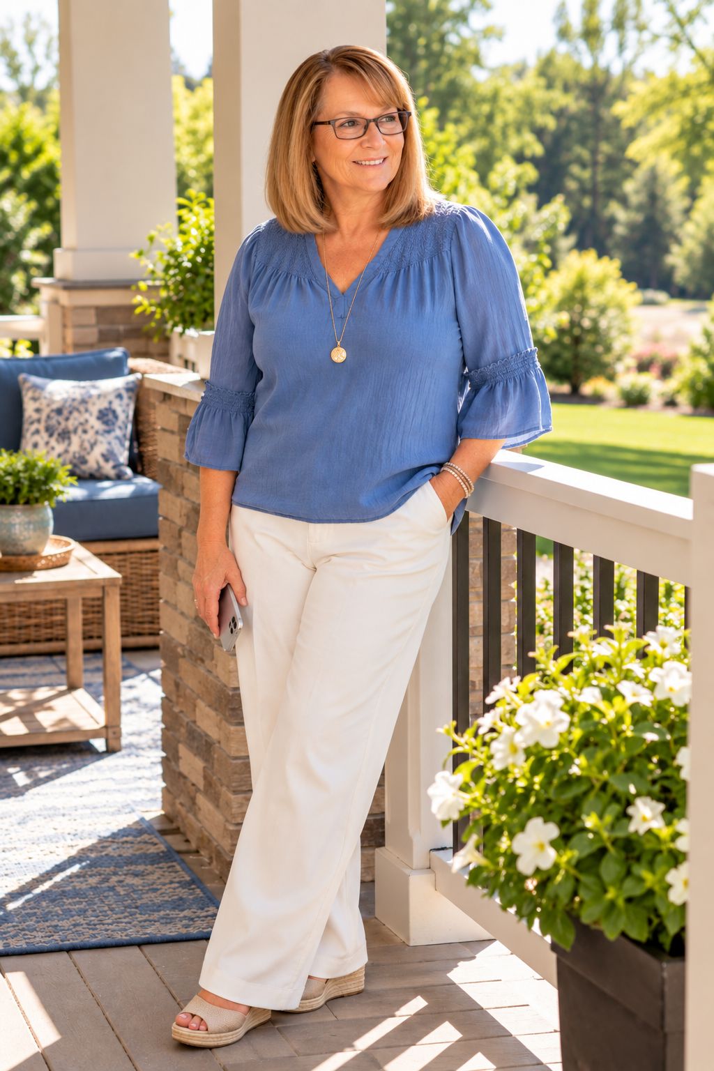 Sandra Bagley standing on porch holding phone, looking thoughtful and positive