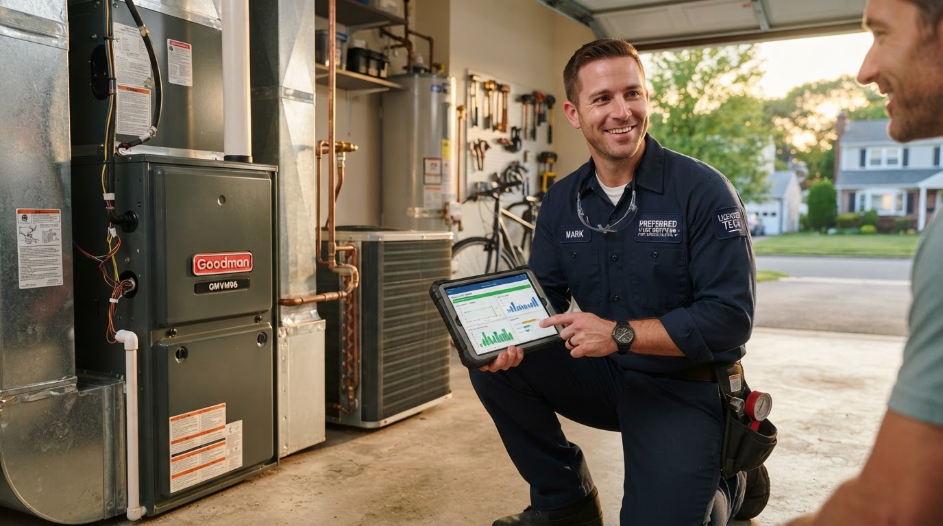 HVAC technician servicing a residential furnace and air conditioning unit in Port Jefferson Station, NY