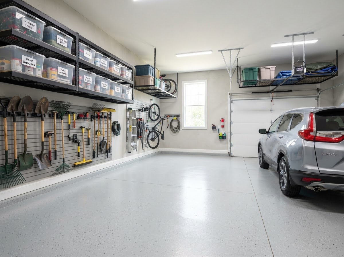 Clean and organized garage shelving