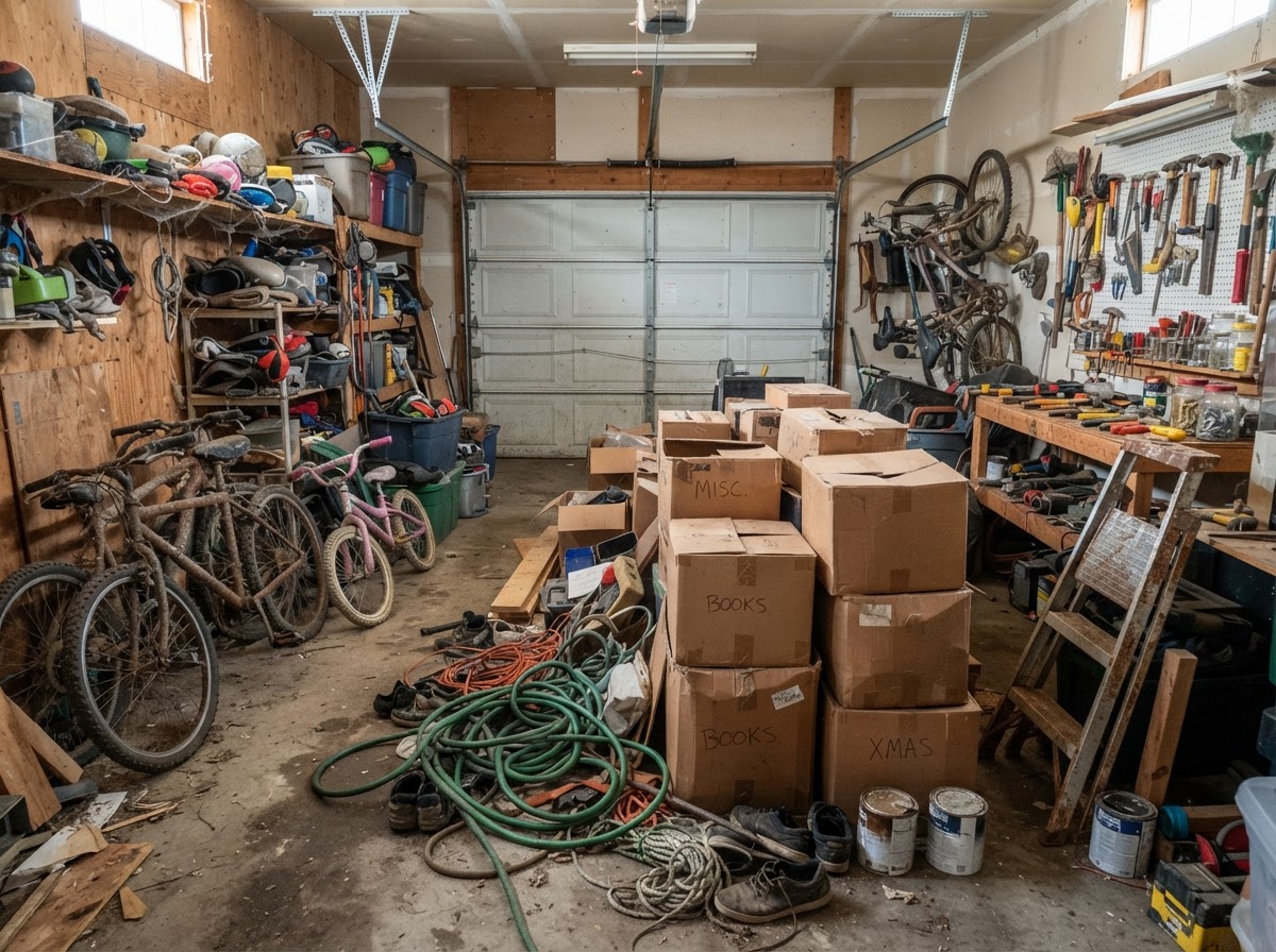 Garage before cleanout with disorganized boxes and tools