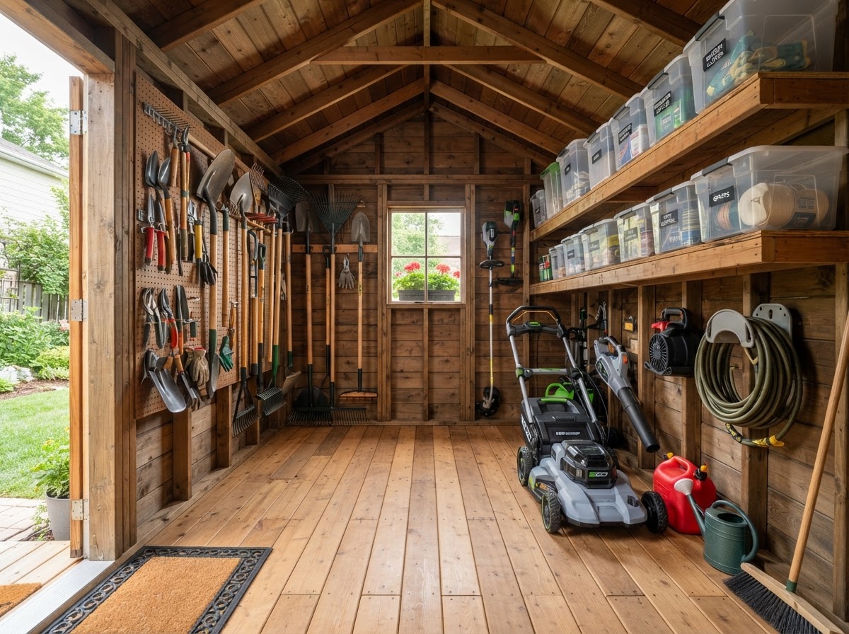 Neatly organized backyard shed storage