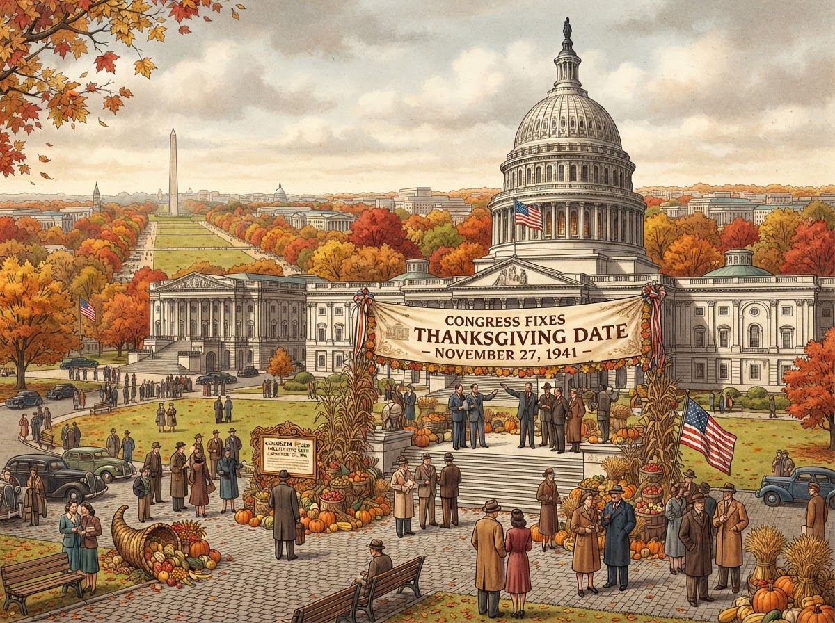 The US Capitol building with a Thanksgiving harvest theme in 1941