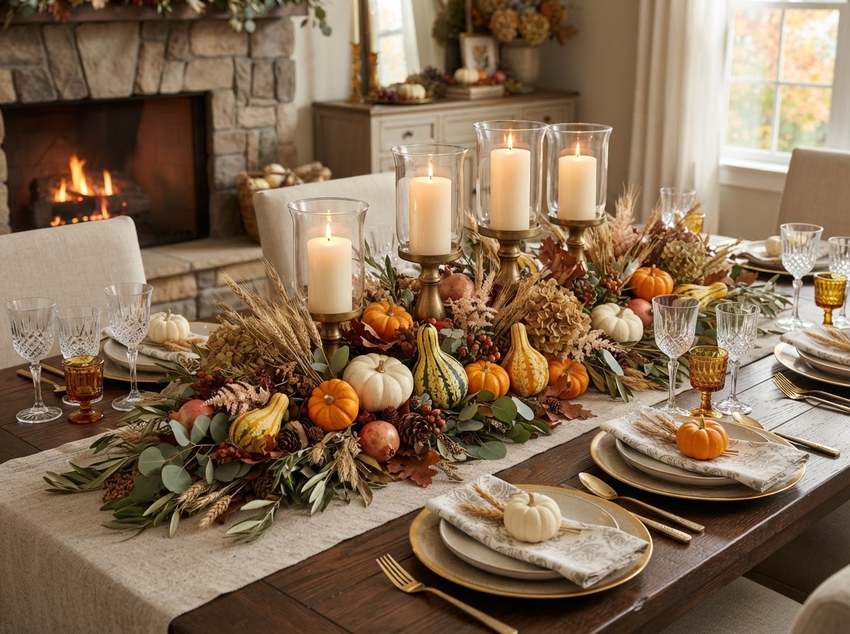 An elegant Thanksgiving centerpiece with pillar candles, mini pumpkins and dried wheat