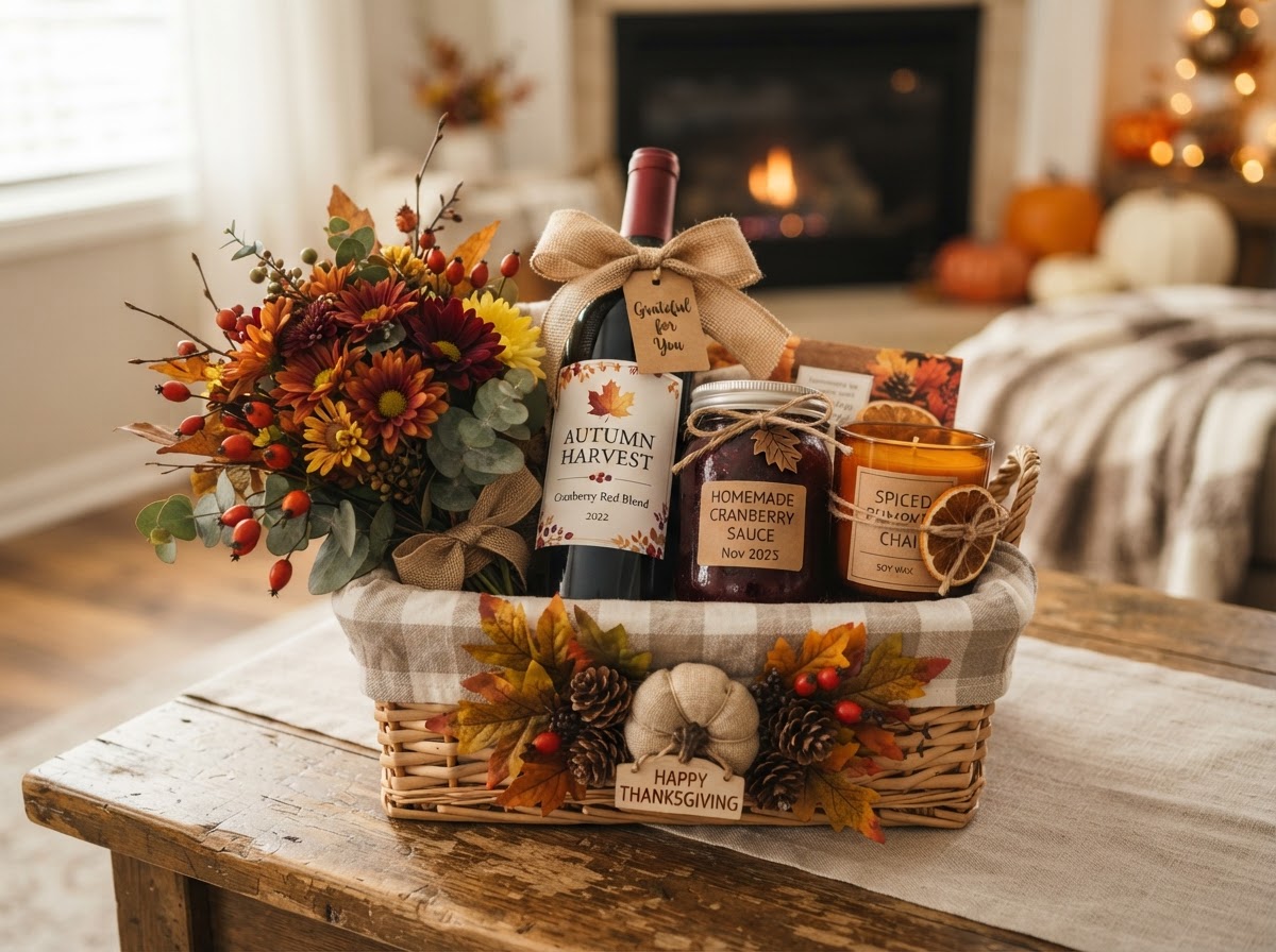 A Thanksgiving hostess gift with cranberry sauce, wine, a candle and autumn flowers
