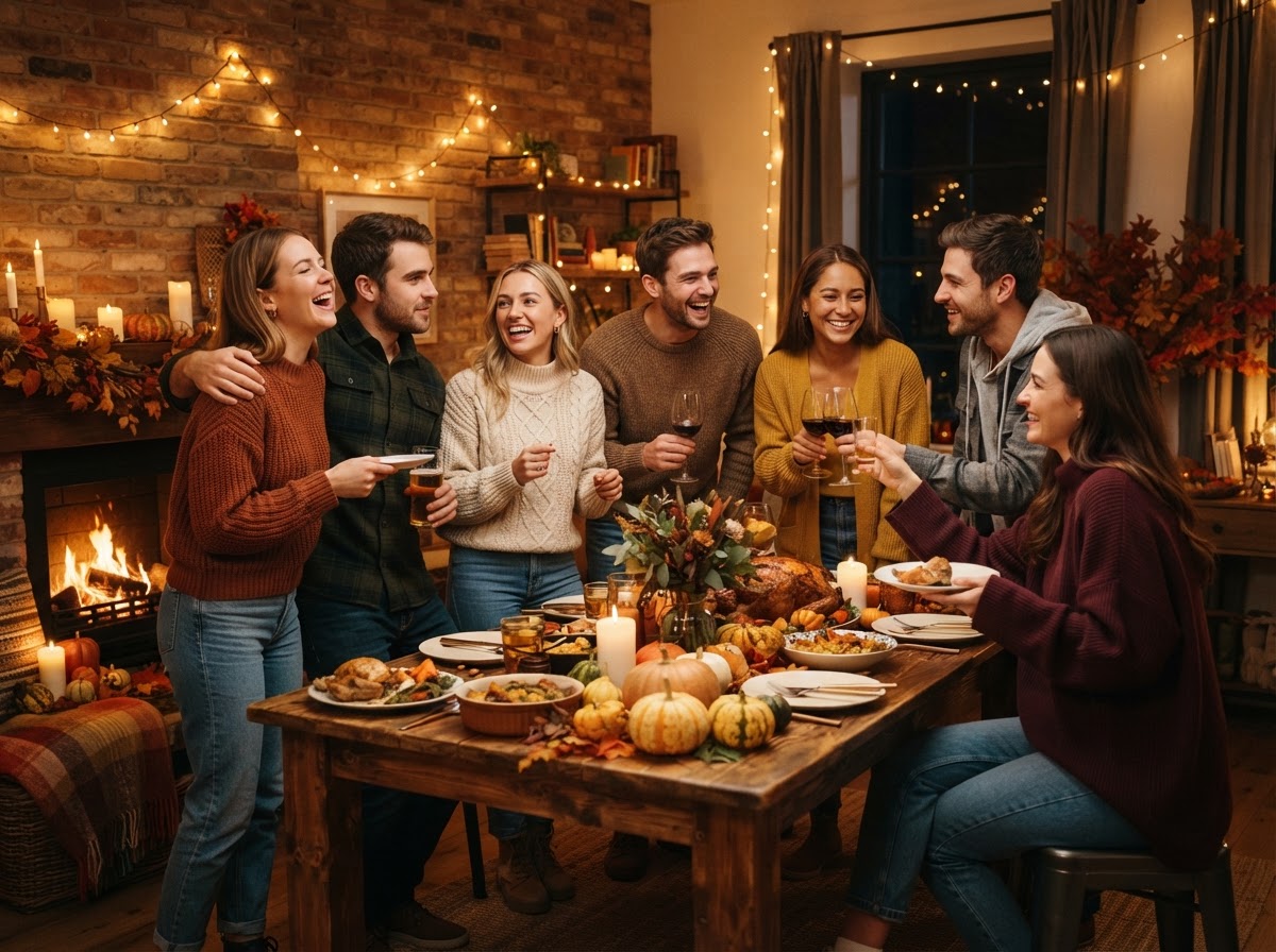A group of friends in cozy autumn sweaters at a Friendsgiving gathering