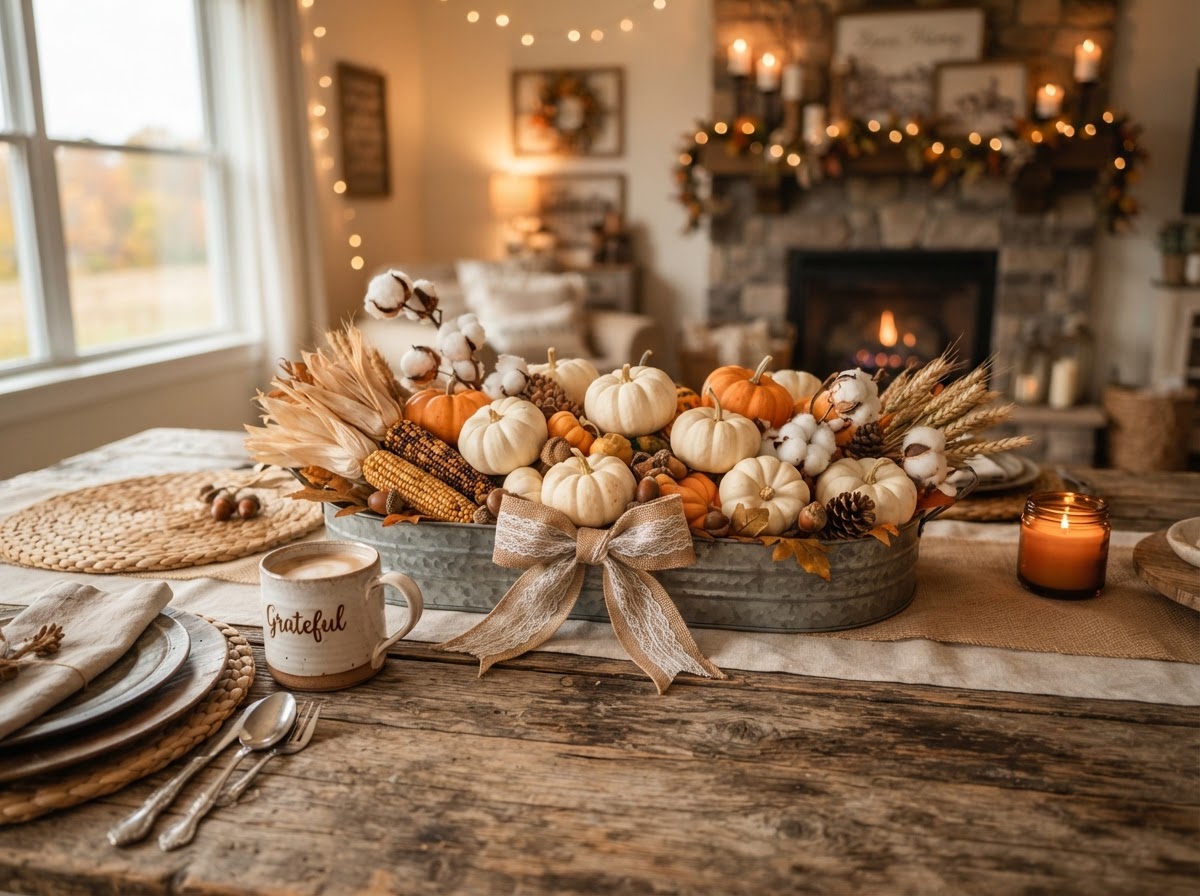 Rustic farmhouse Thanksgiving decor with mini pumpkins on a galvanized tray on weathered wood
