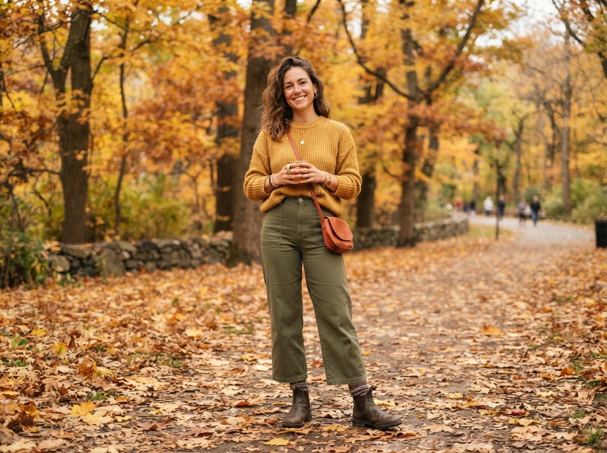 A woman in a casual autumn Thanksgiving outfit with a mustard sweater and olive trousers
