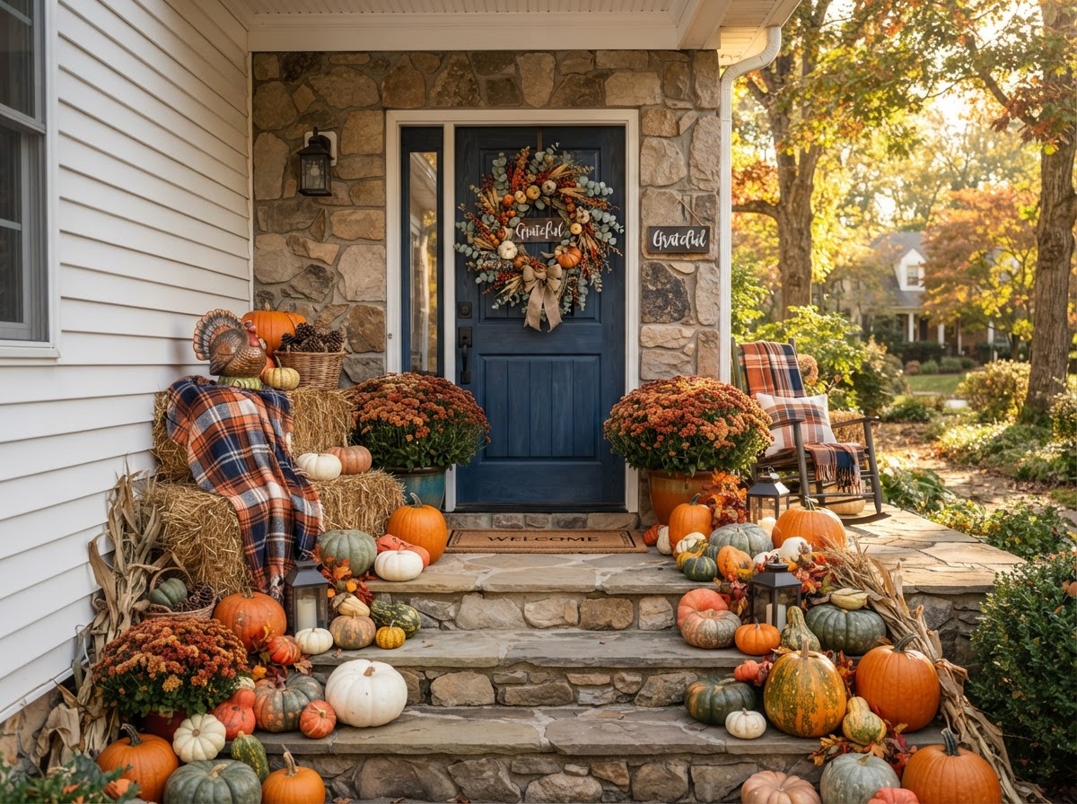 A Thanksgiving porch lined with pumpkins, hay bales, mums and a fall wreath