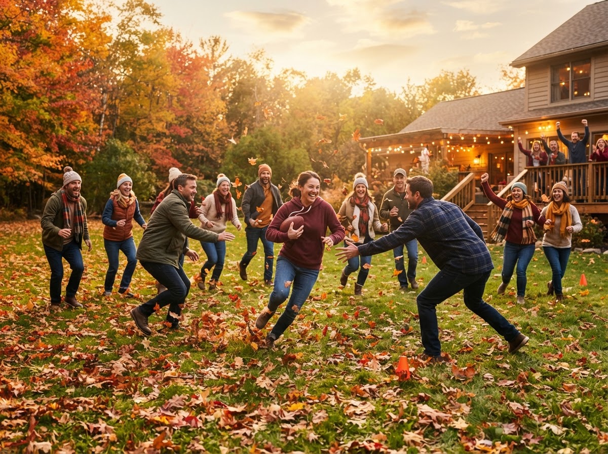 A backyard touch football game on an autumn day with fallen leaves
