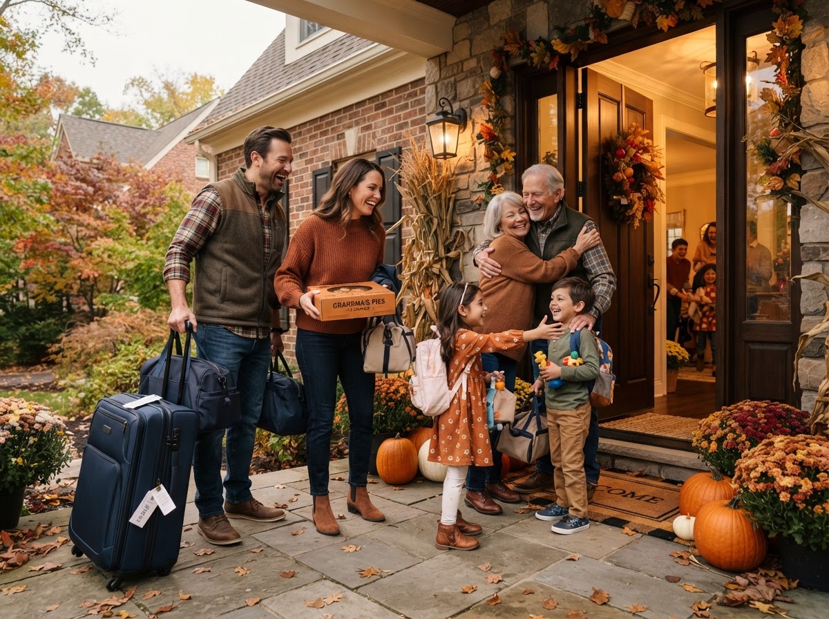 A family arriving with luggage and a pie at a Thanksgiving gathering