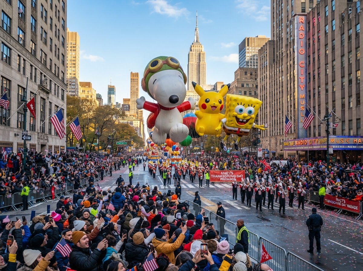 Giant character balloons floating down a New York avenue in the Macy's Thanksgiving Day Parade