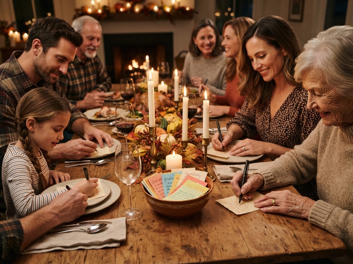 A family writing what they are thankful for on paper slips at a Thanksgiving table