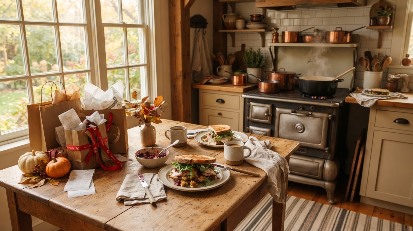 A cozy kitchen the day after Thanksgiving with leftover turkey sandwiches, simmering turkey soup, and wrapped Black Friday shopping bags
