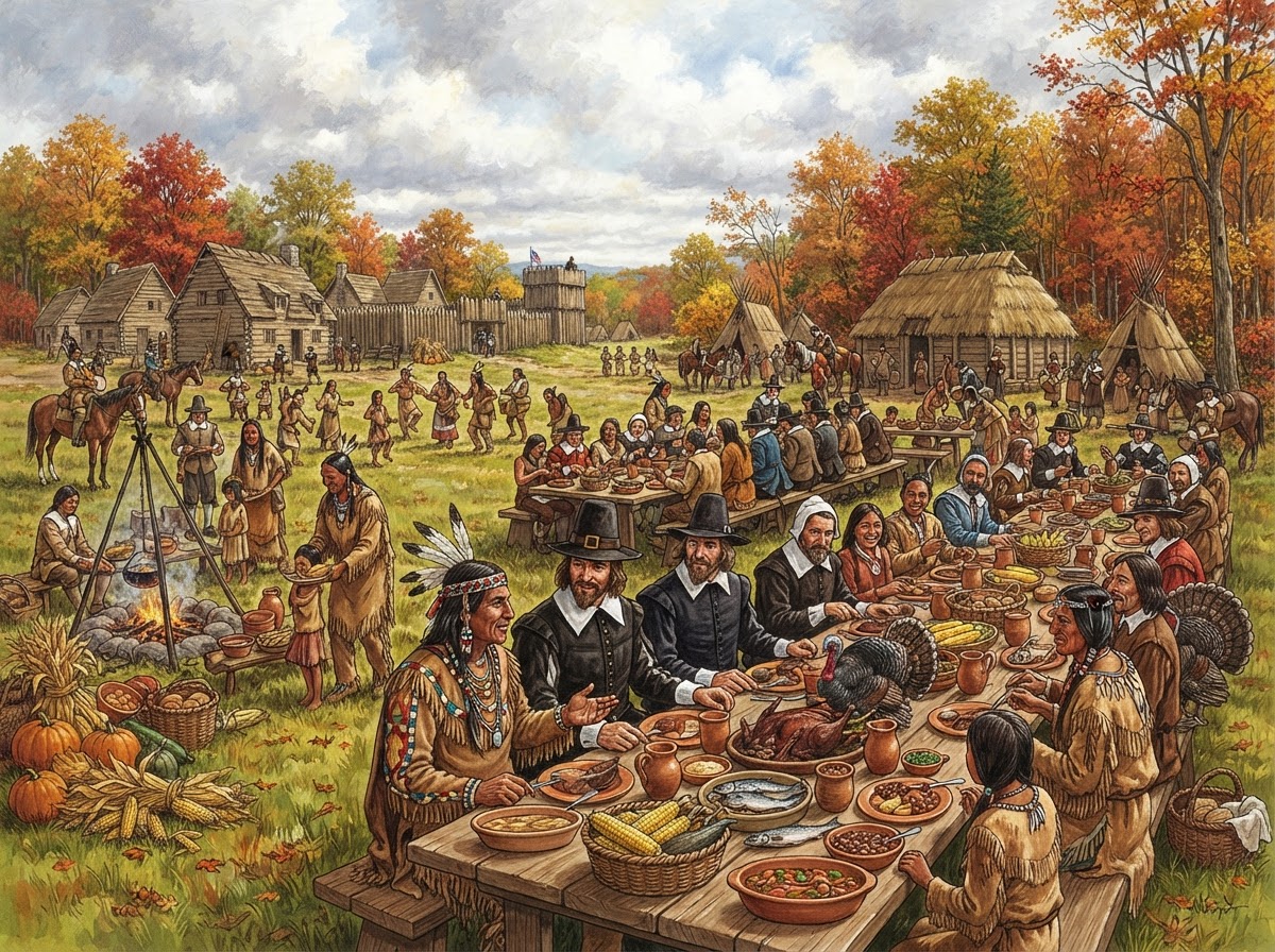 Pilgrims and Wampanoag sharing a harvest feast at Plymouth Colony in 1621