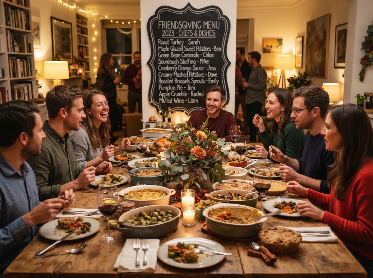 A potluck Friendsgiving table with mismatched dishes and a chalkboard menu