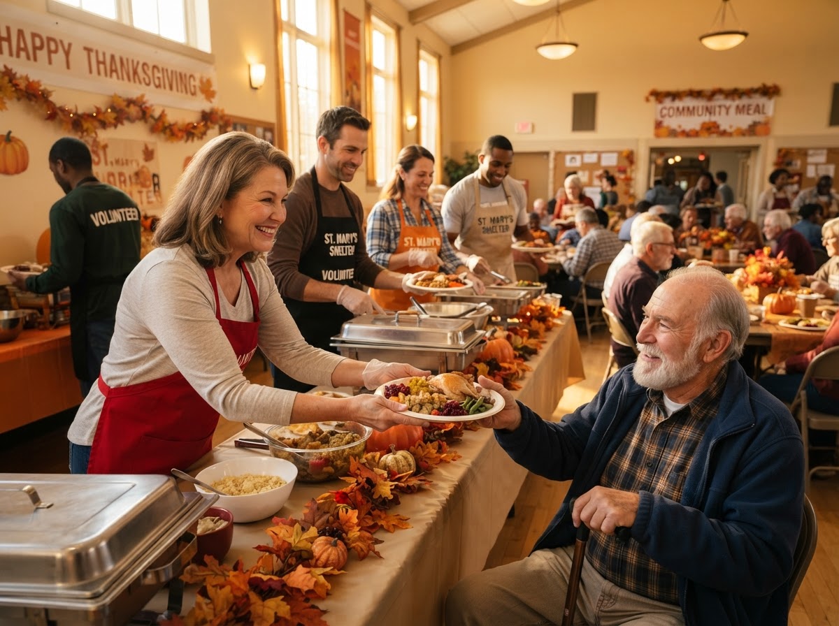 Volunteers serving Thanksgiving meals at a community shelter