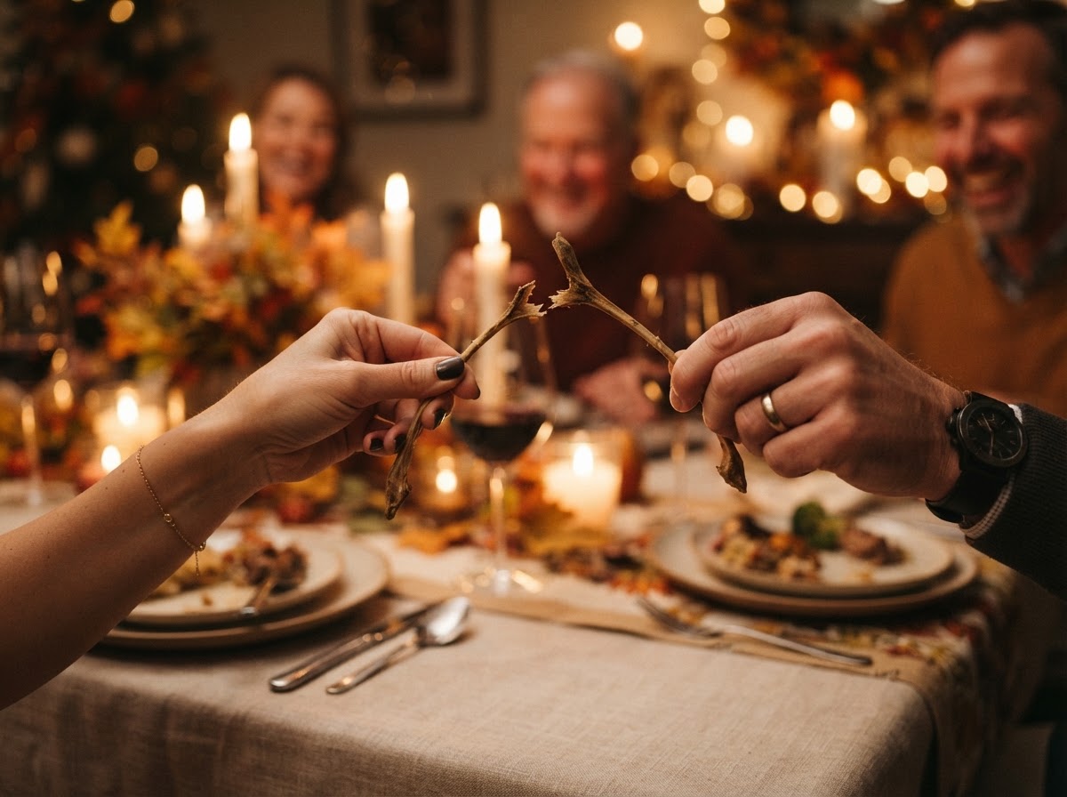 Two hands pulling apart a dried turkey wishbone at a Thanksgiving table