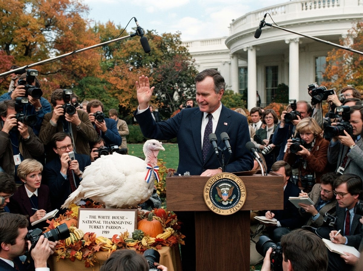 President George H. W. Bush pardoning a turkey at the White House in 1989