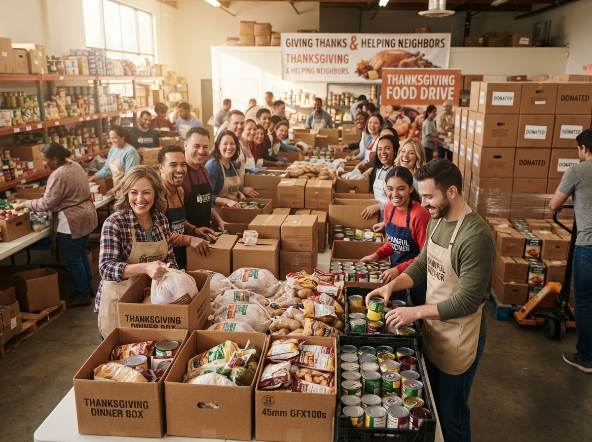 Volunteers packing food donation boxes at a food bank for Thanksgiving