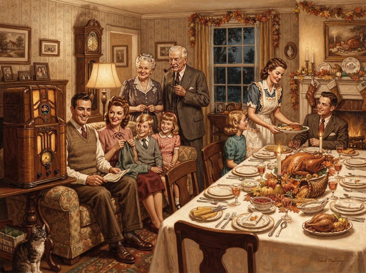 A 1940s American family gathered around a radio and a Thanksgiving table