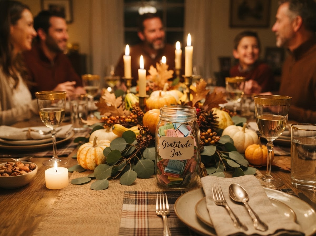 A gratitude jar filled with folded slips of paper on a Thanksgiving table